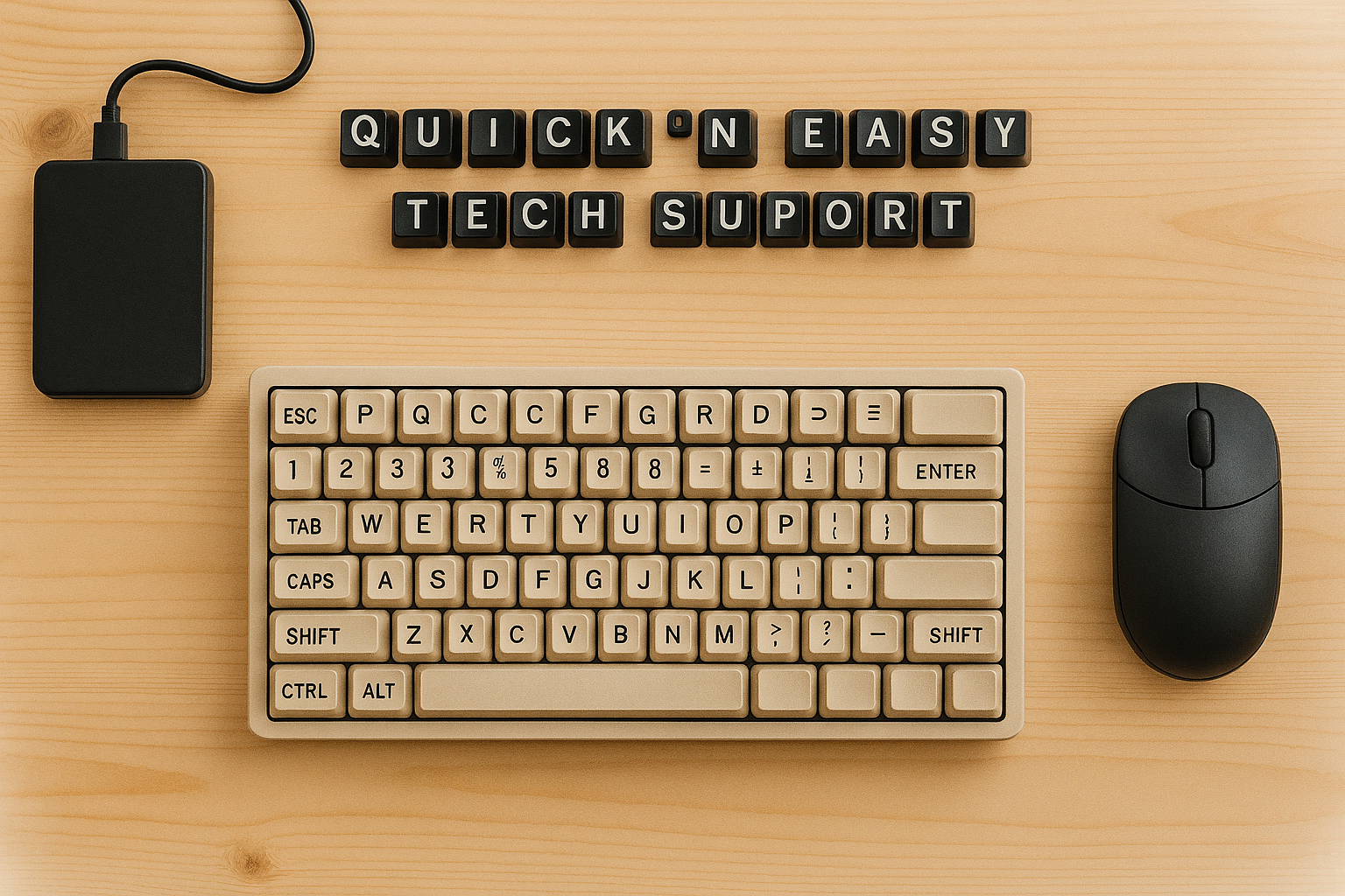 Wooden keyboard, mouse, and external hard drive on a wooden surface with 'Quick 'N Easy Tech Support' text.