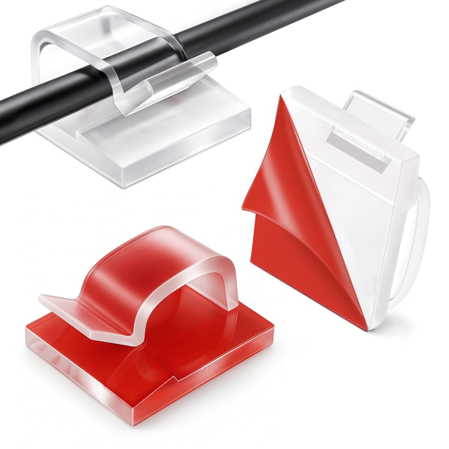 Cable Clips Transparent Red - Set of 60 - Self-Adhesive Cable Holders - For Christmas Lights & Cable Management - Indoor & Outdoor